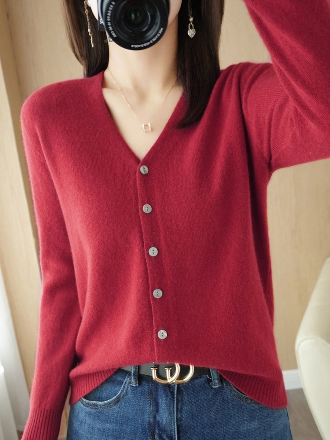 

KPOP V-Neck Regular Top, Burgundy