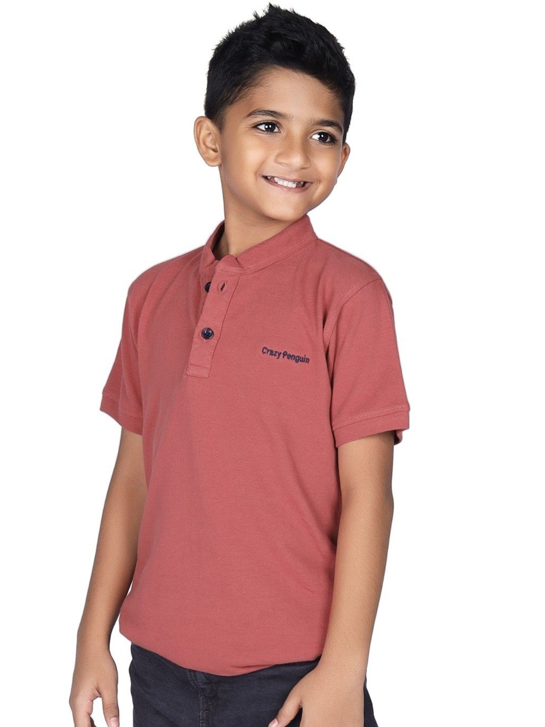

CRAZYPENGUIN ELITE Boys Solid Mandarin Collar Cotton T-shirt, Peach
