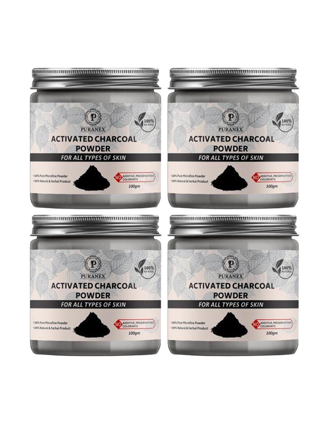 

Puranex Set Of 4 Activated Charcoal Powder For Natural Deep Cleansing - 100 gm Each, White