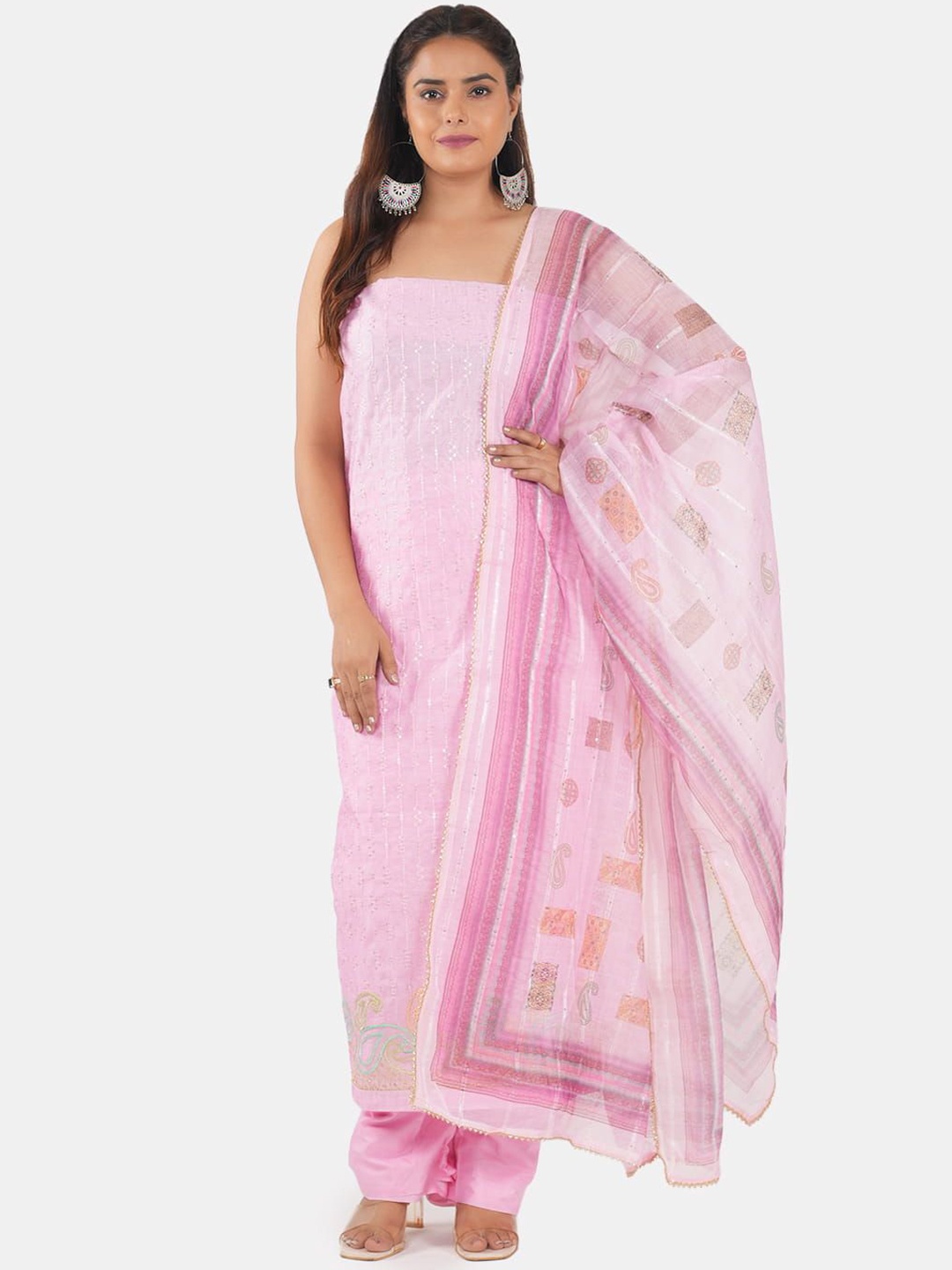

MOZAFIA Floral Embroidered Sequinned Linen Unstitched Dress Material, Pink