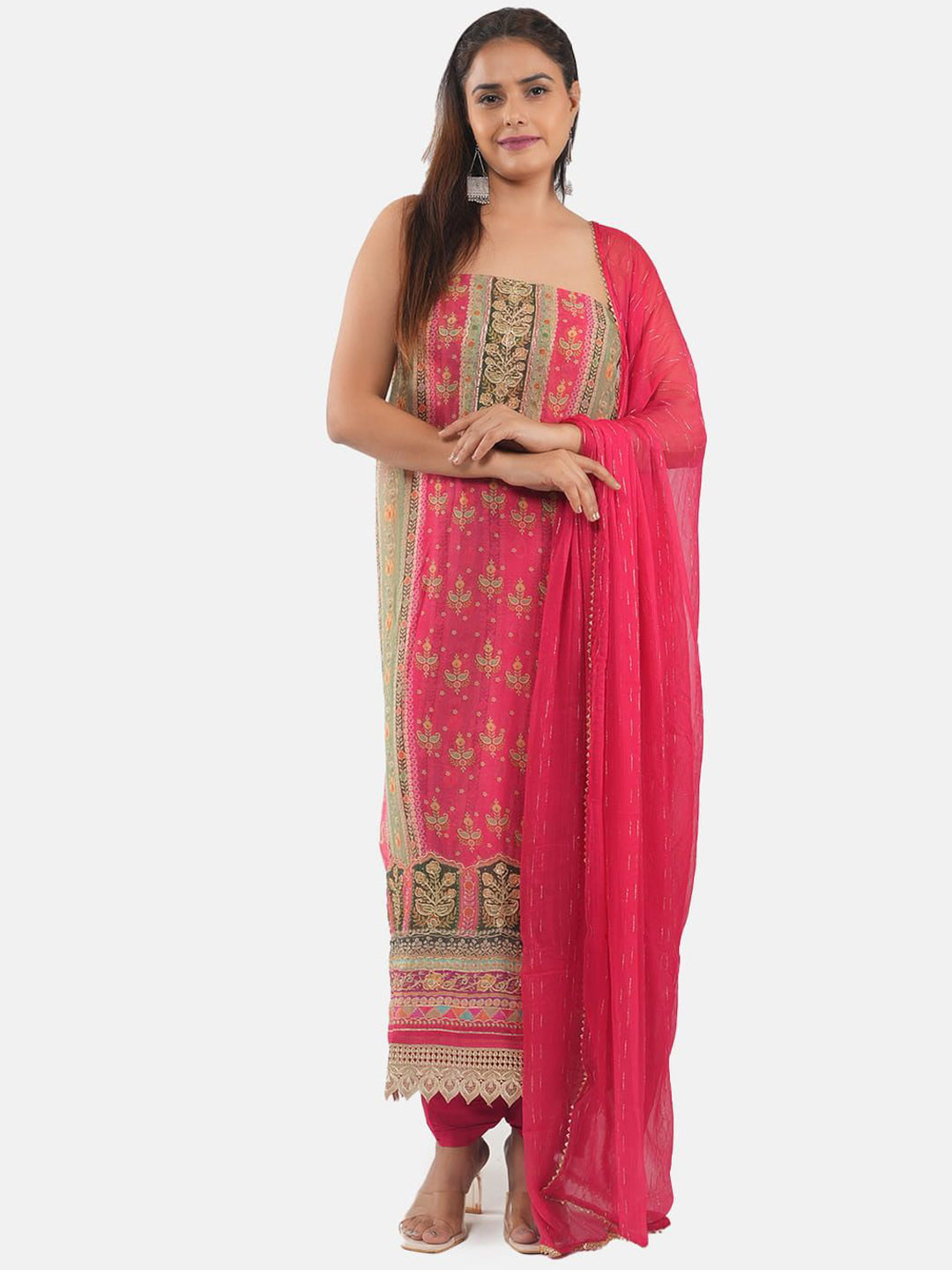 

MOZAFIA Premium Floral Embroidered Beads and Stones Organza Unstitched Dress Material, Pink