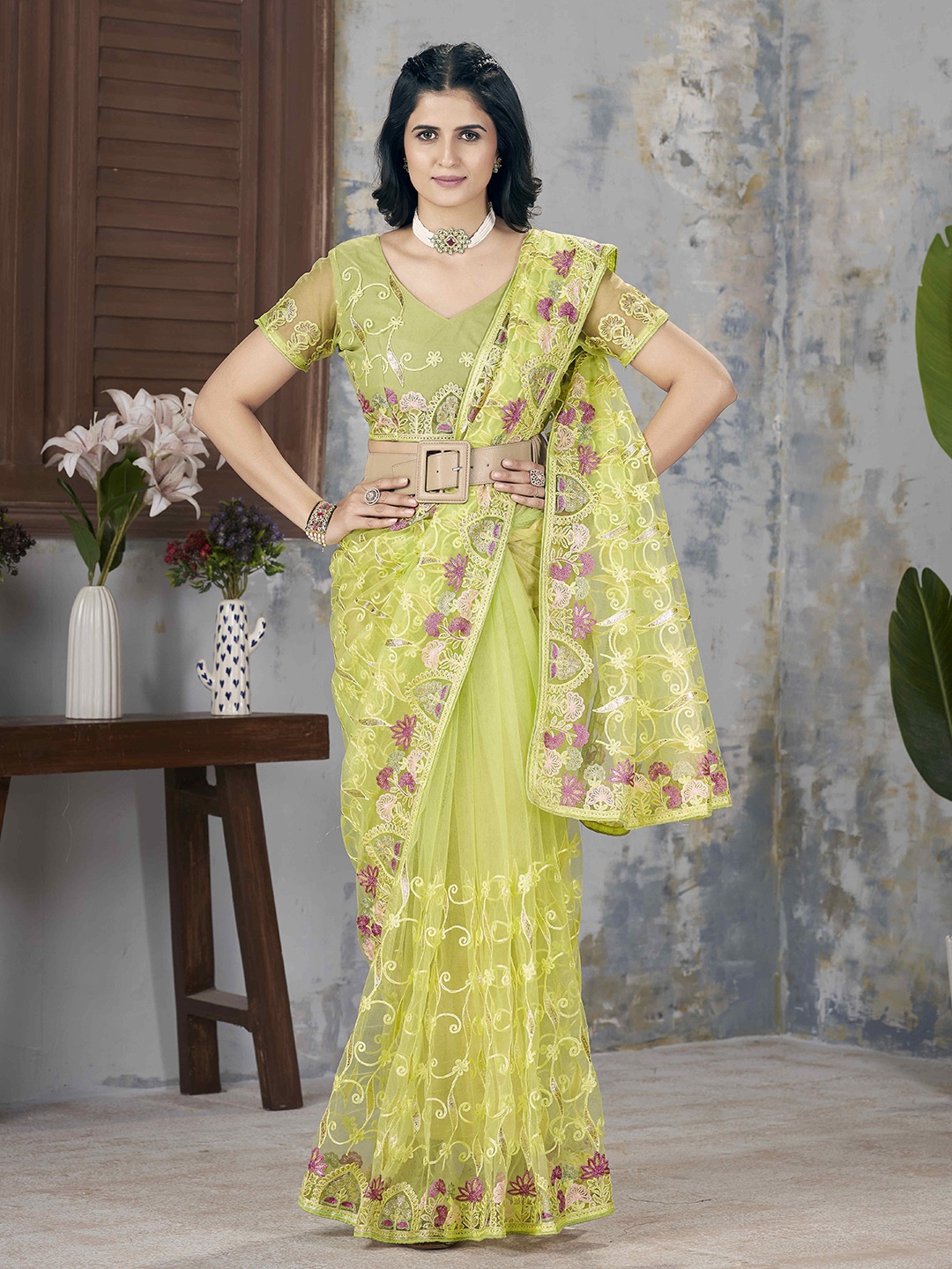 

Munir Floral Embroidered Saree, Lime green