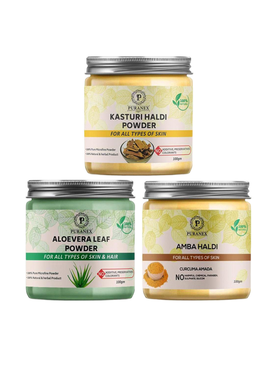 

Puranex Set Of 3 Amba Haldi, Aloevera Leaf & Kasturi Haldi Powder -100 gm Each, White