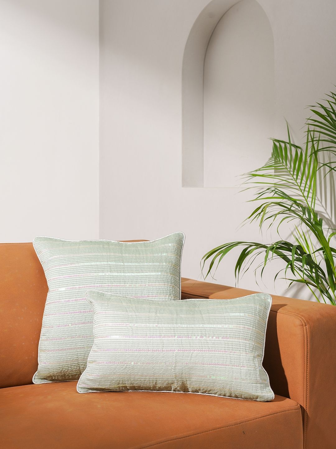 

India Circus by Krsnaa Mehta Off White & Green Striped Square Cushion Covers