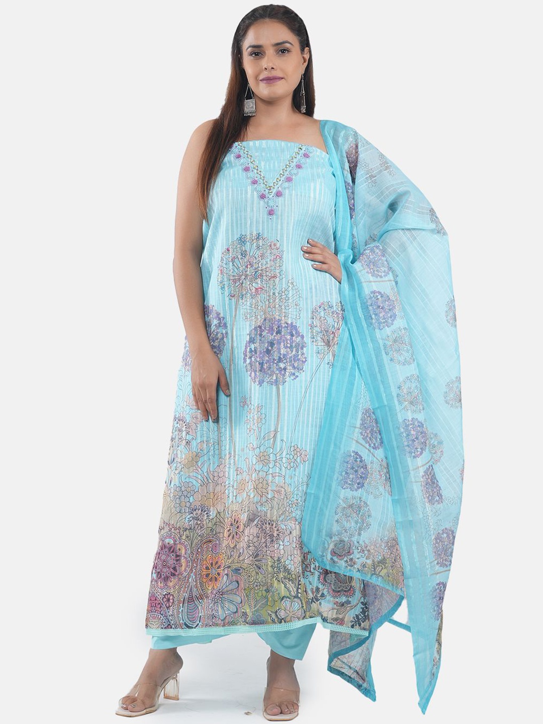 

MOZAFIA Floral Printed Mirror Work Linen Unstitched Dress Material, Blue