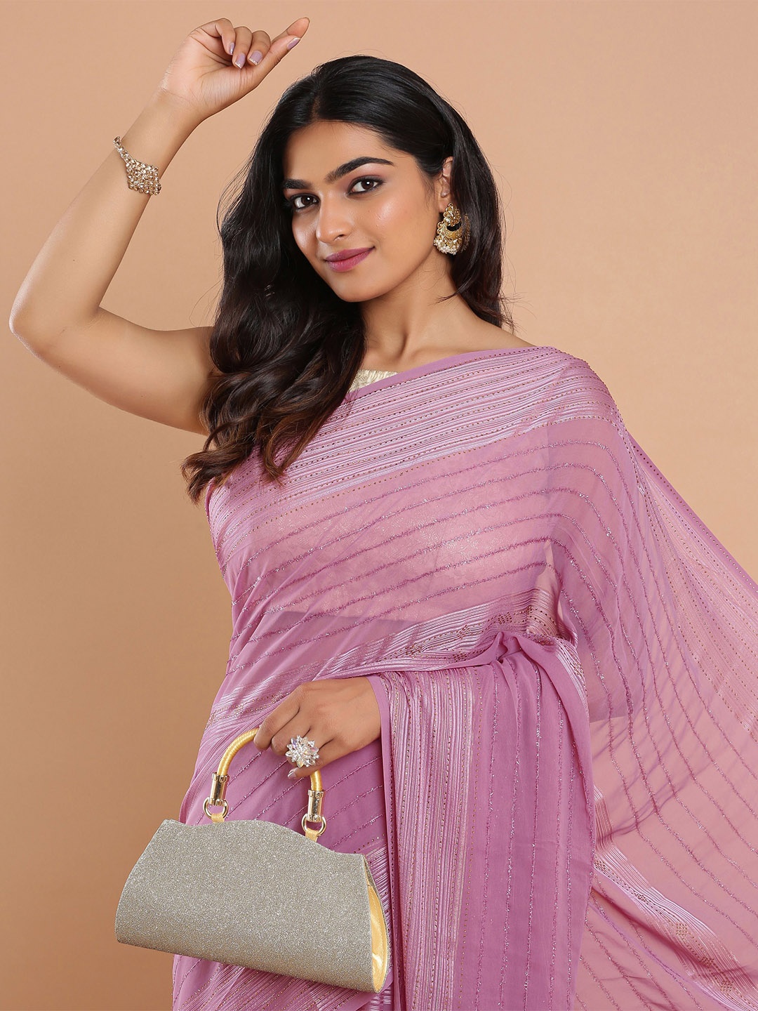 

Kalyan Silks Striped Beads and Stones Poly Georgette Jamdani Saree, Purple