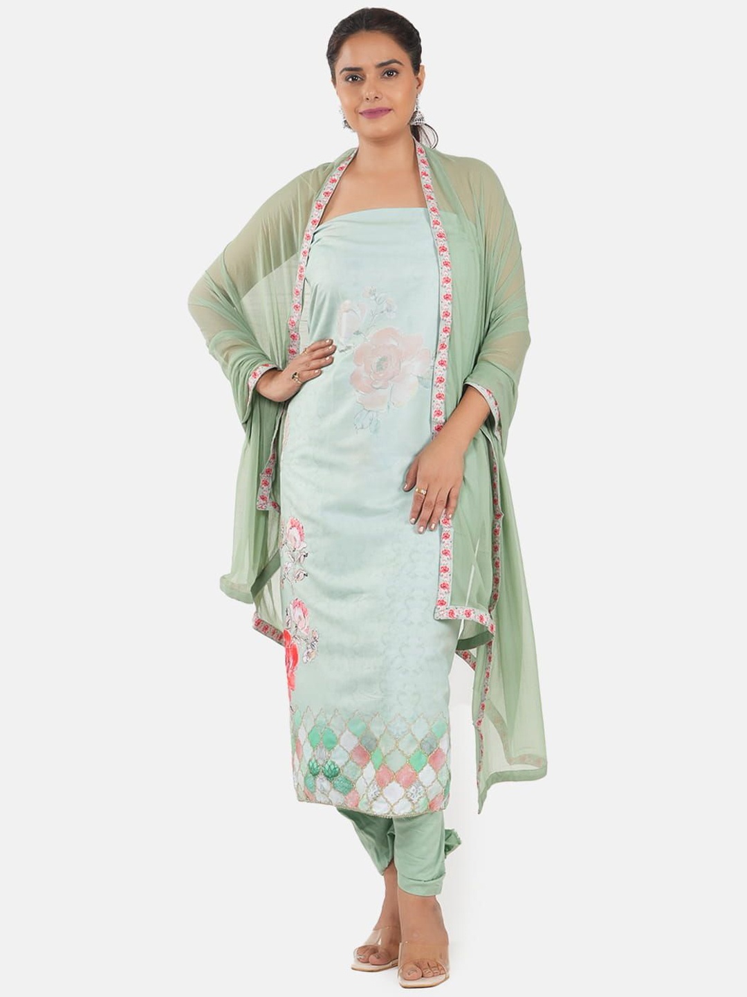 

MOZAFIA Floral Embroidered Gotta Patti Tussar Silk Unstitched Dress Material, Green