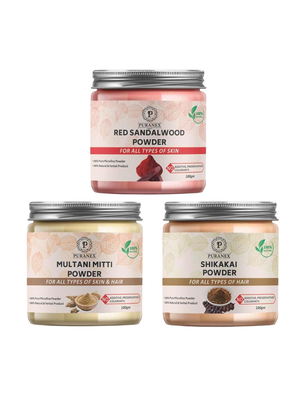 

Puranex Set Of 3 Red Sandalwood, Multani Mitti & Shikakai Powder Face Pack, White