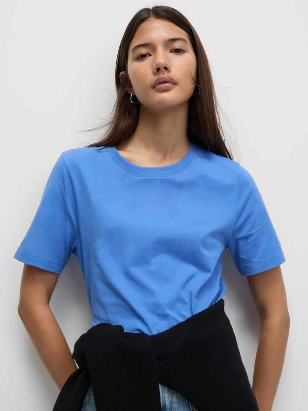 

Marks & Spencer Women High Neck Raw Edge T-shirt, Blue