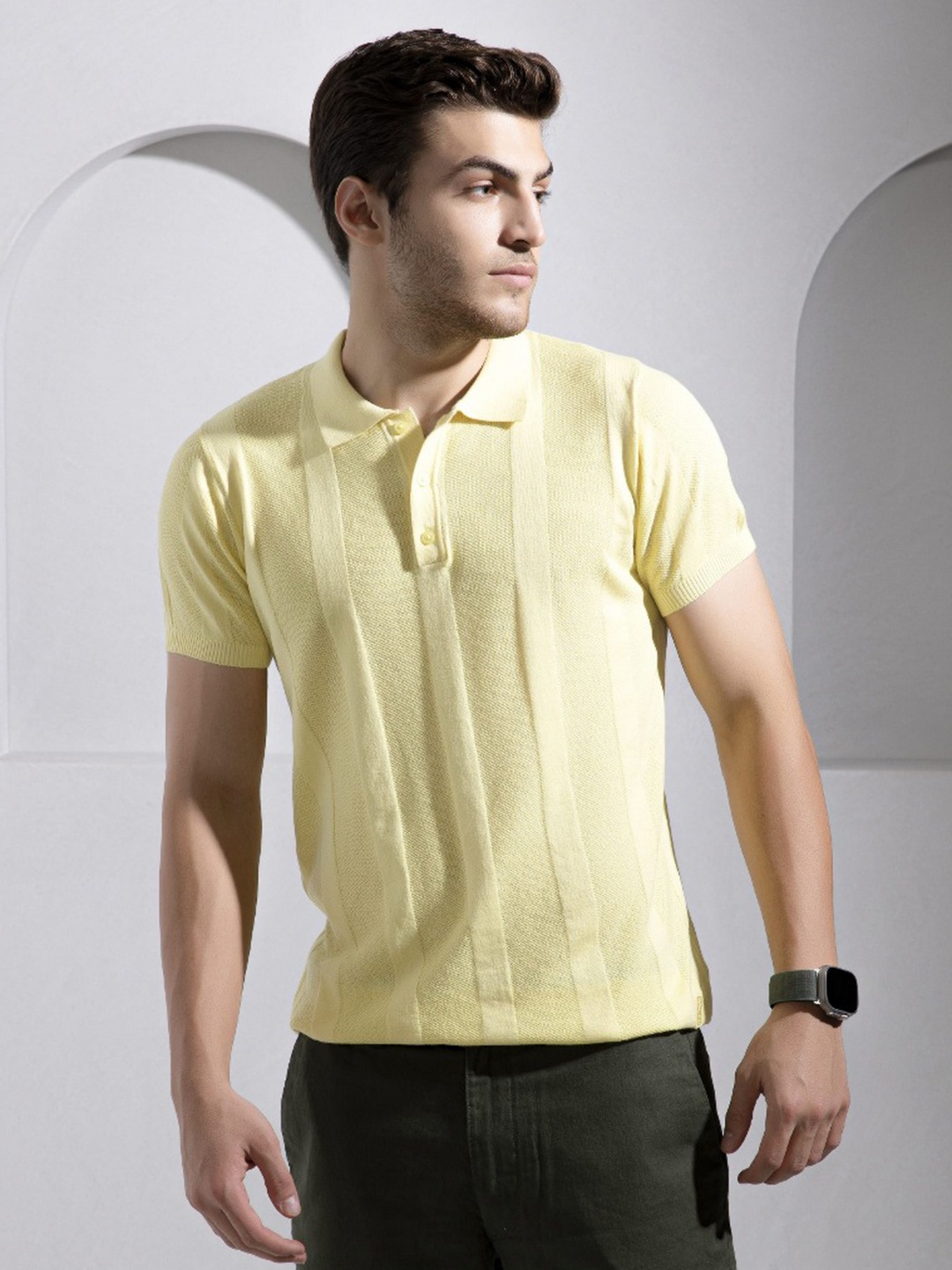 

The Tie Hub Men Self Design Cotton Polo T-shirt, Yellow