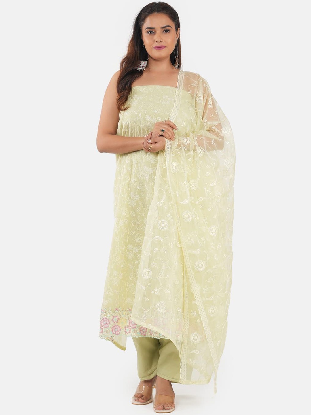 

MOZAFIA Floral Embroidered Unstitched Dress Material, Lime green