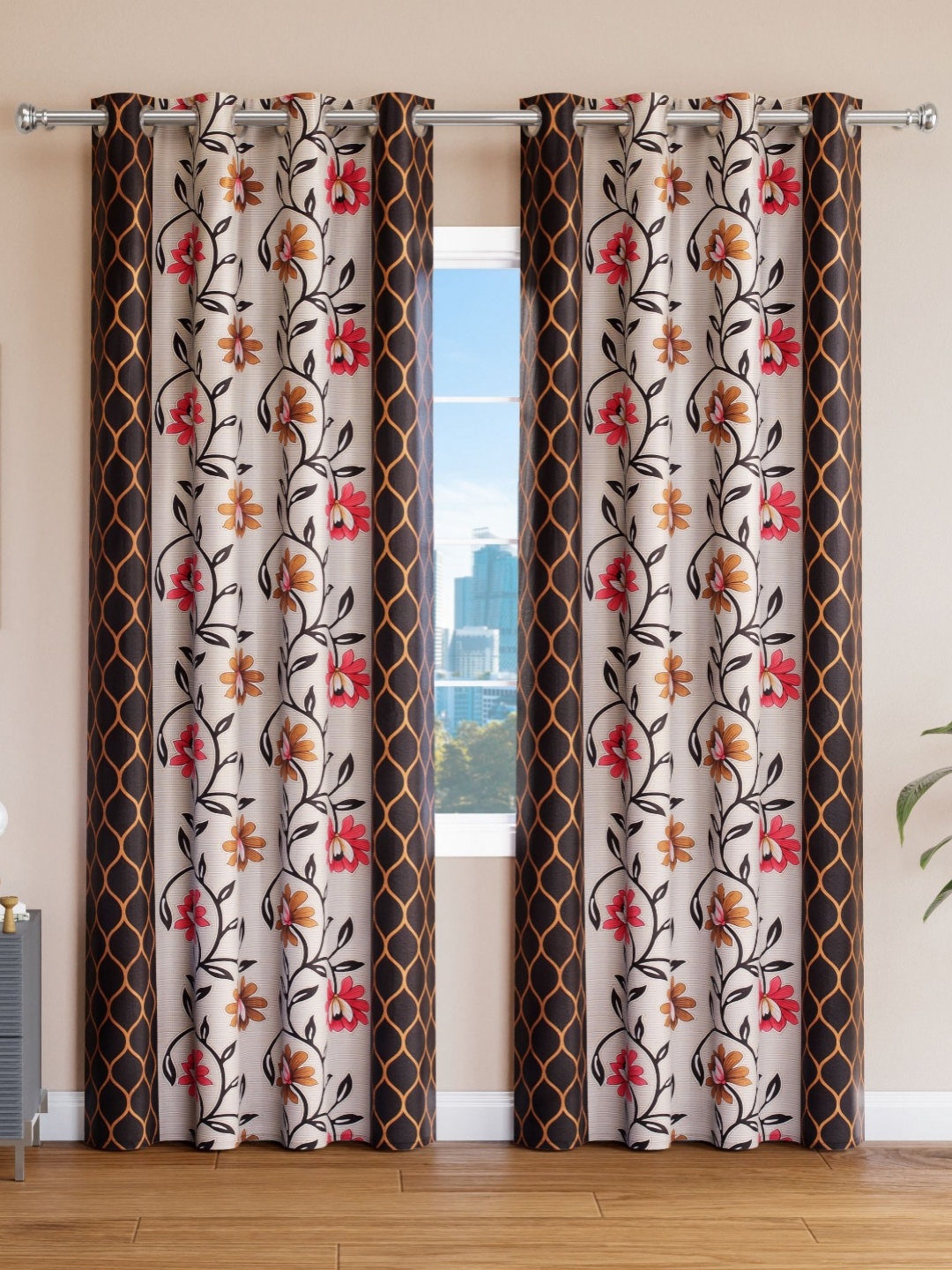 

Aura Coffee Brown & Pink Set of 2 Floral Window Curtain
