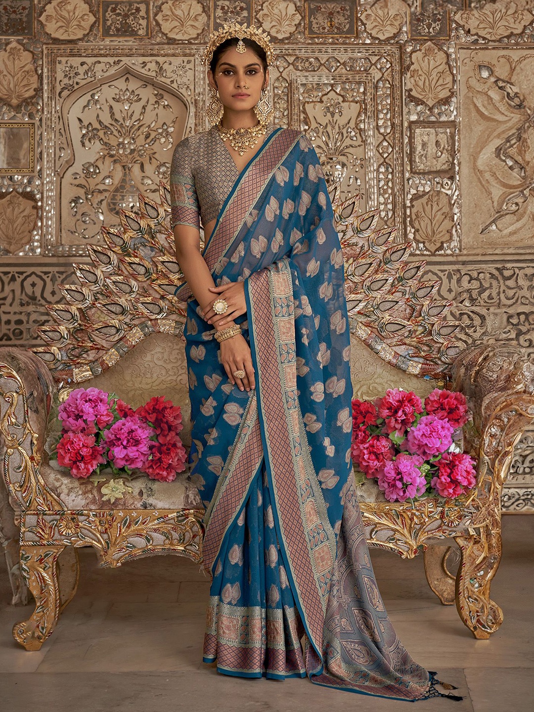 

elora Woven Design Zari Pure Georgette Banarasi Saree, Navy blue