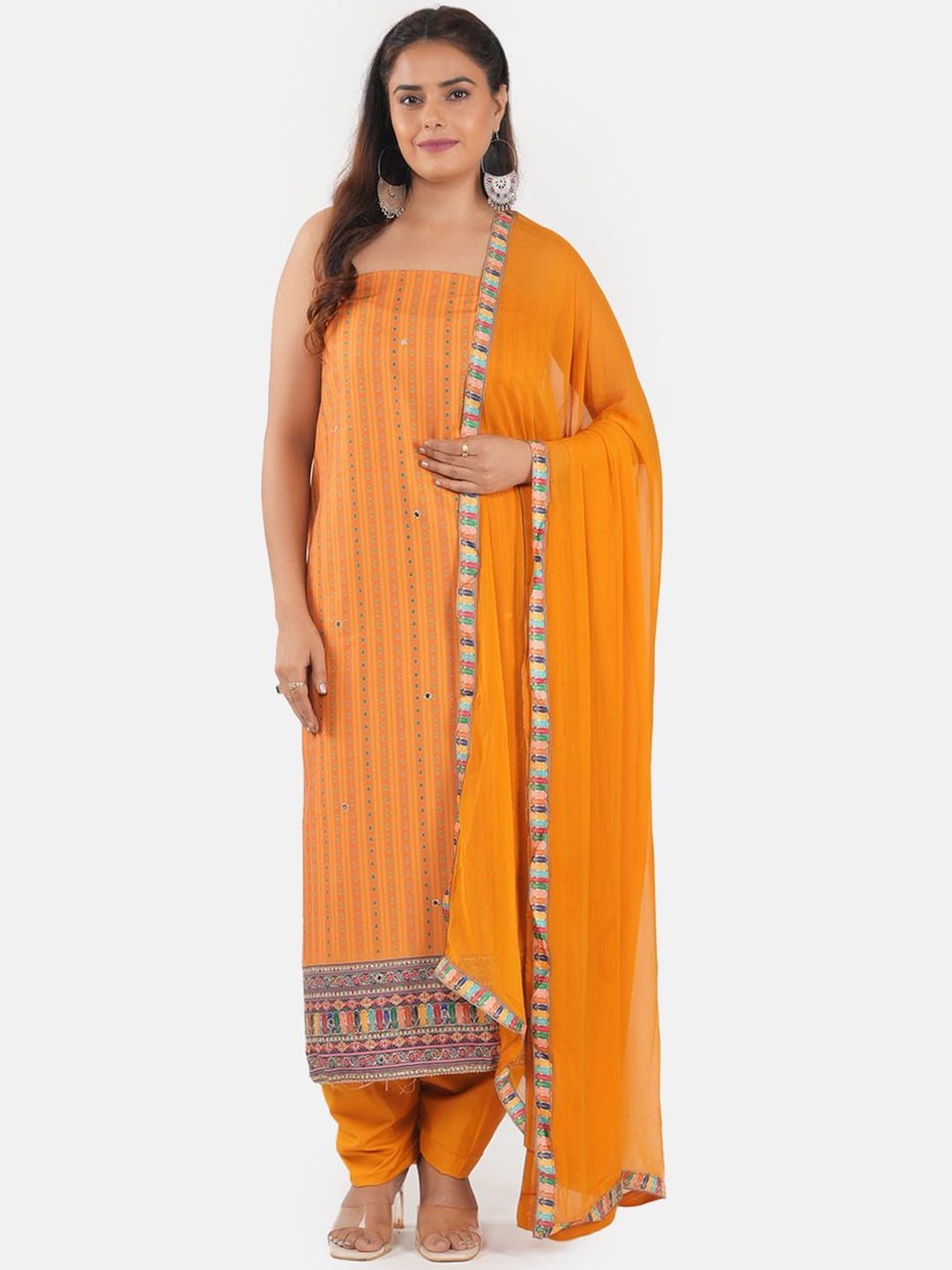 

MOZAFIA Geometric Printed Mirror Work Unstitched Dress Material, Yellow