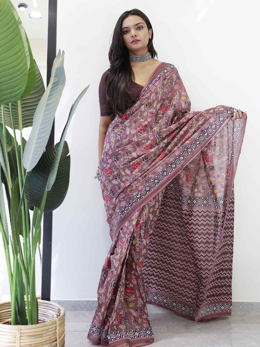 

HERE&NOW Ethnic Motifs Pure Cotton Bagru Saree, Mauve