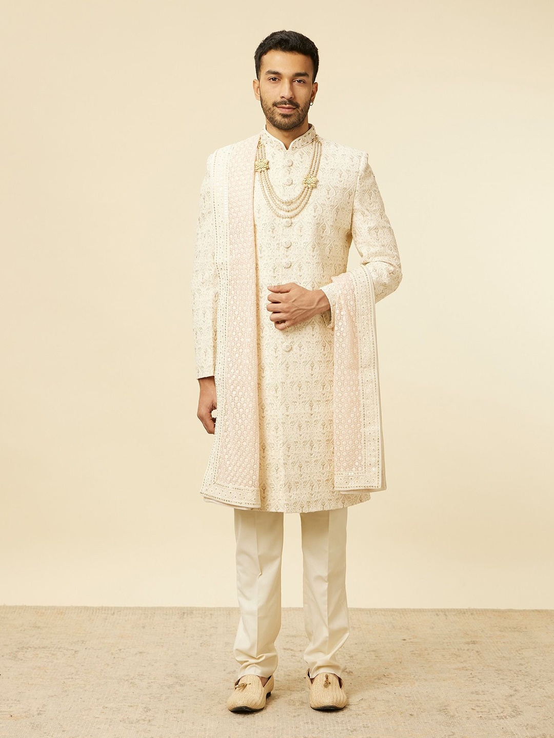 

Manyavar Men Ethnic Motifs Embroidered Dupatta with Sequinned, Brown