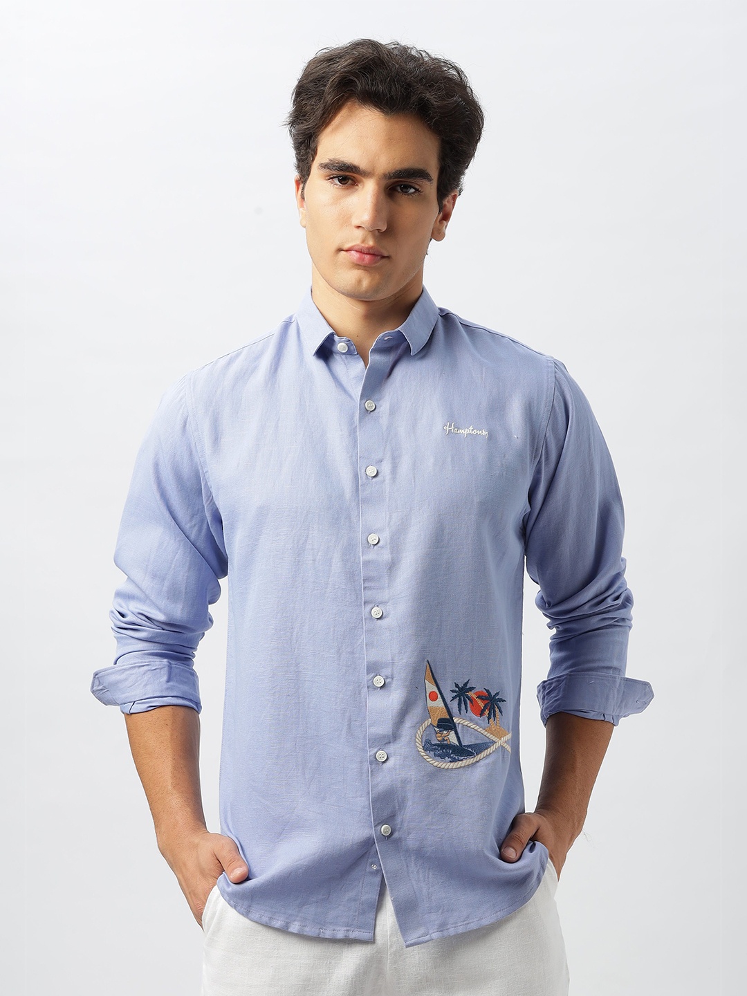 

HAMPTONS Men Solid Graphic Embroidered Cotton Casual Shirt, Lavender