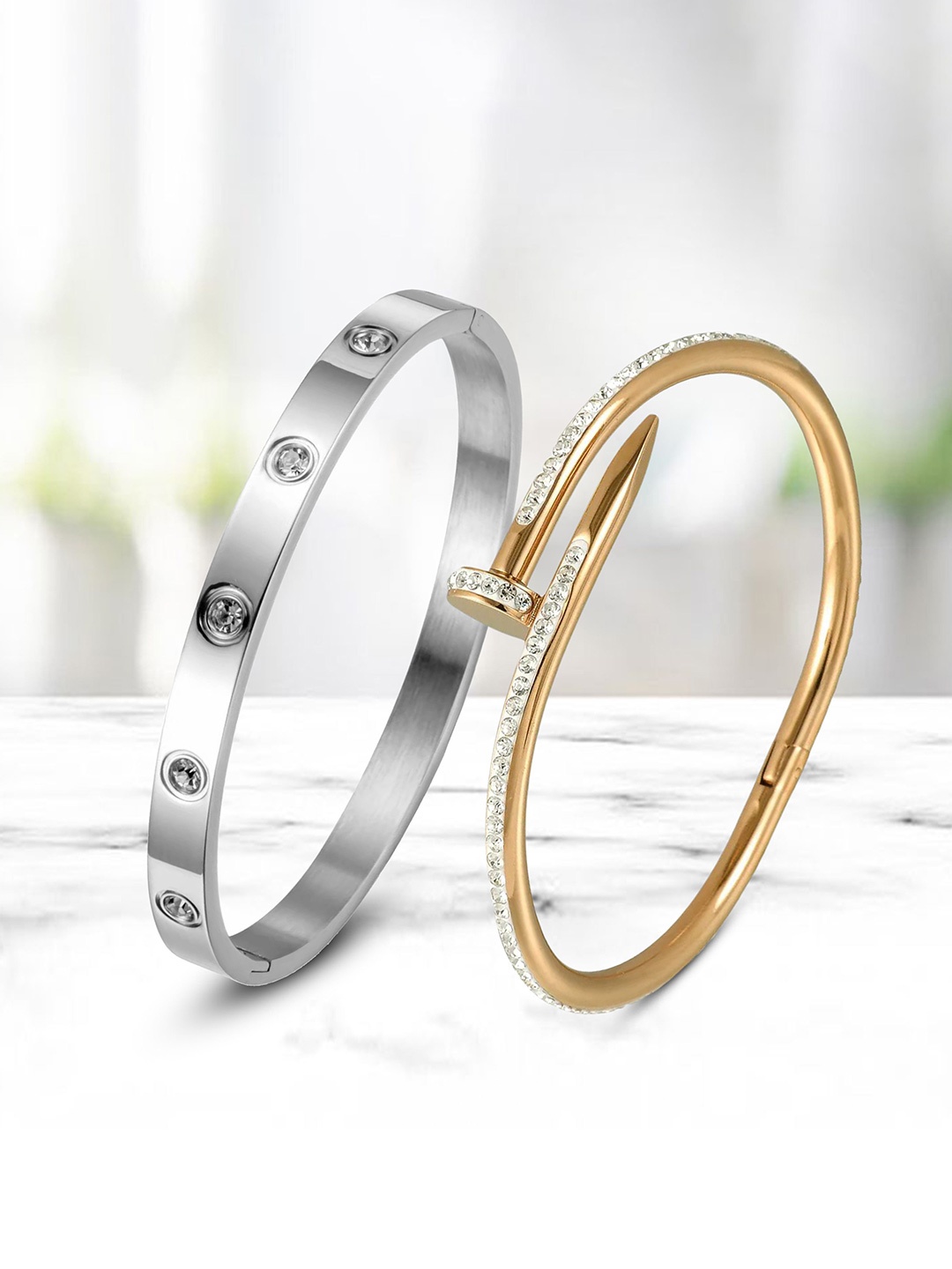 

MEENAZ Set of 2 Silver and Gold-Plated Anti Tarnish CZ-Stone Studded Kada Bracelets