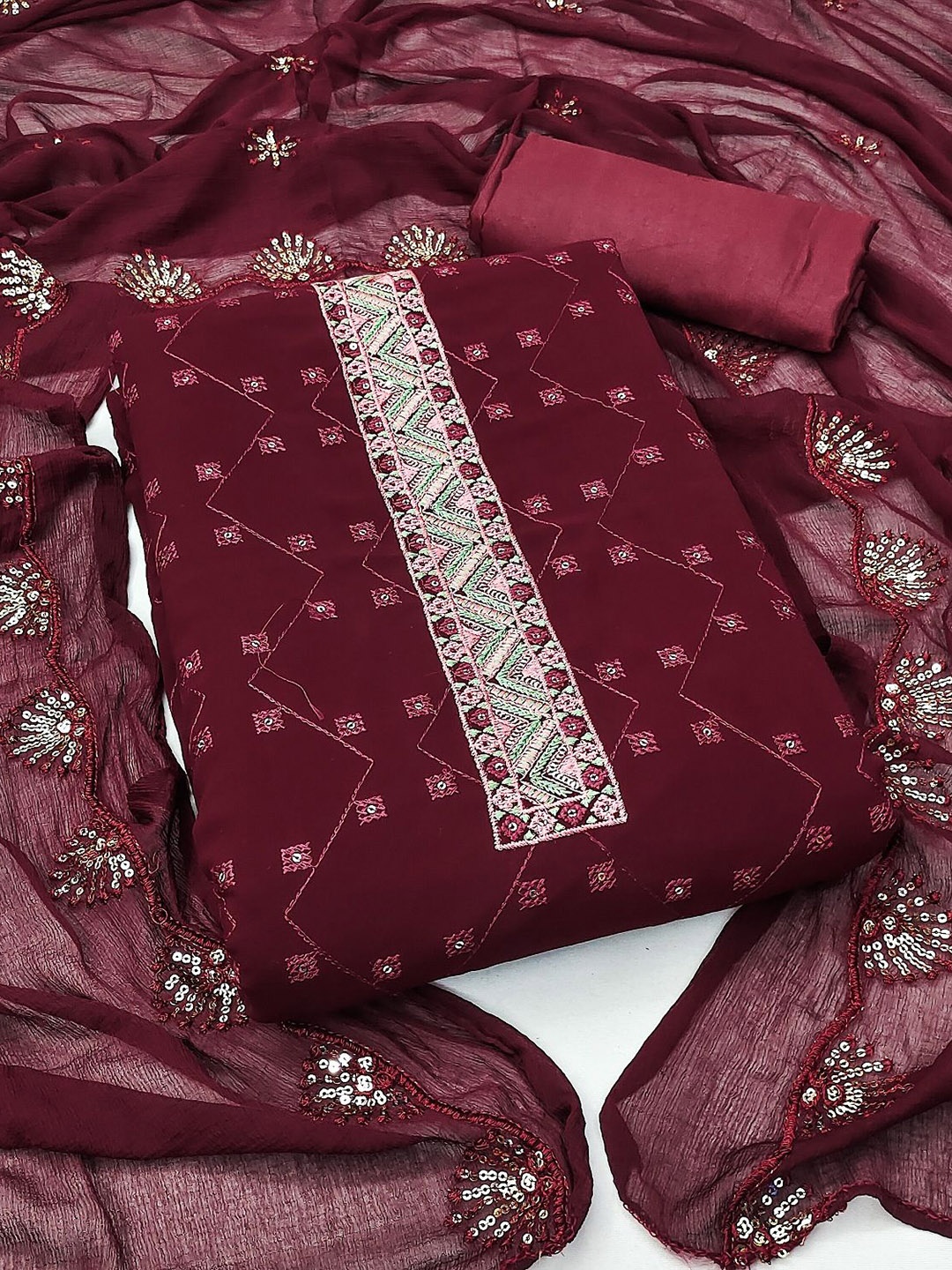 

APNISHA Geometric Embroidered Silk Georgette Unstitched Dress Material, Maroon