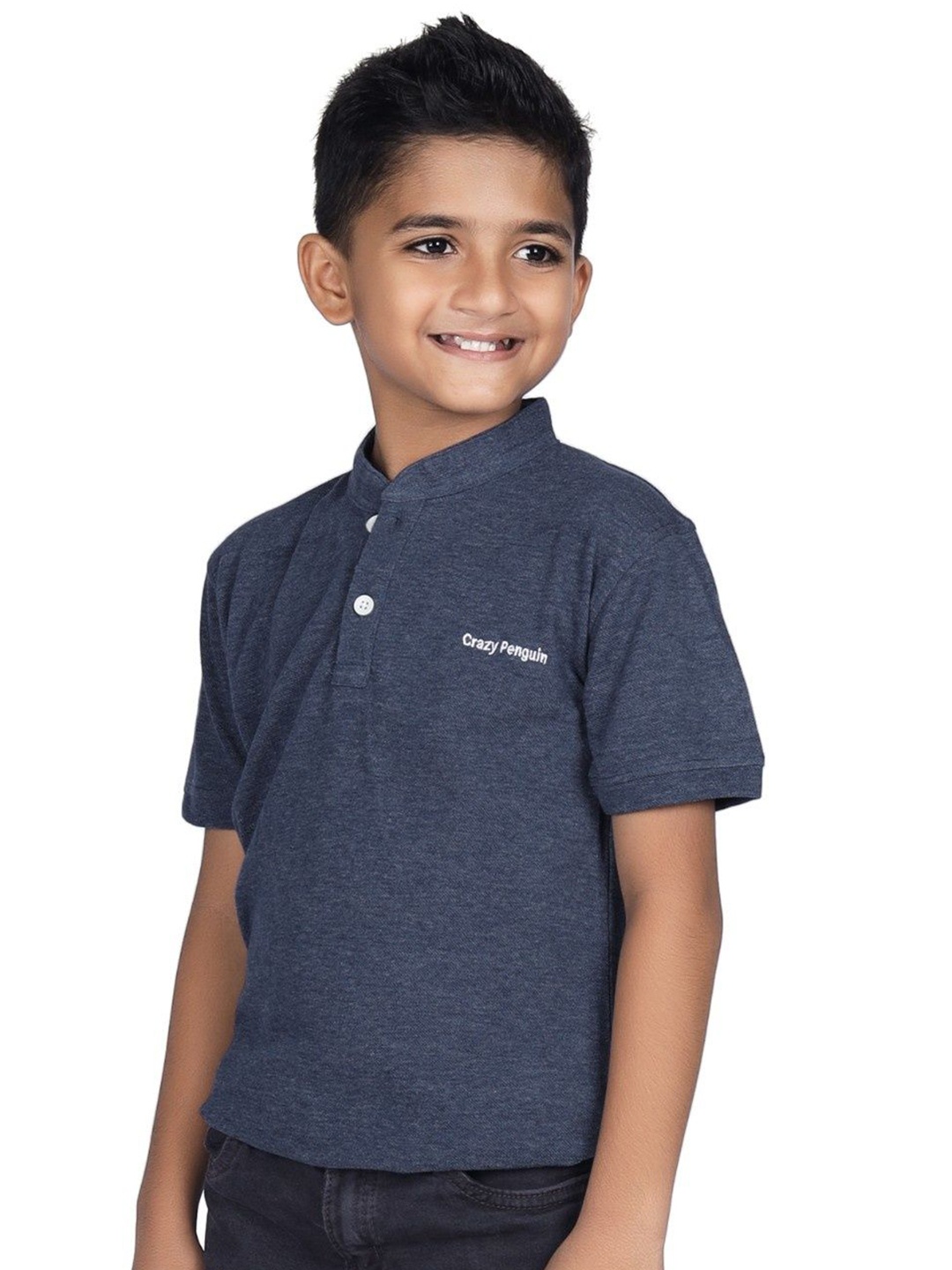 

CRAZYPENGUIN ELITE Boys Mandarin Collar Cotton T-shirt, Navy blue