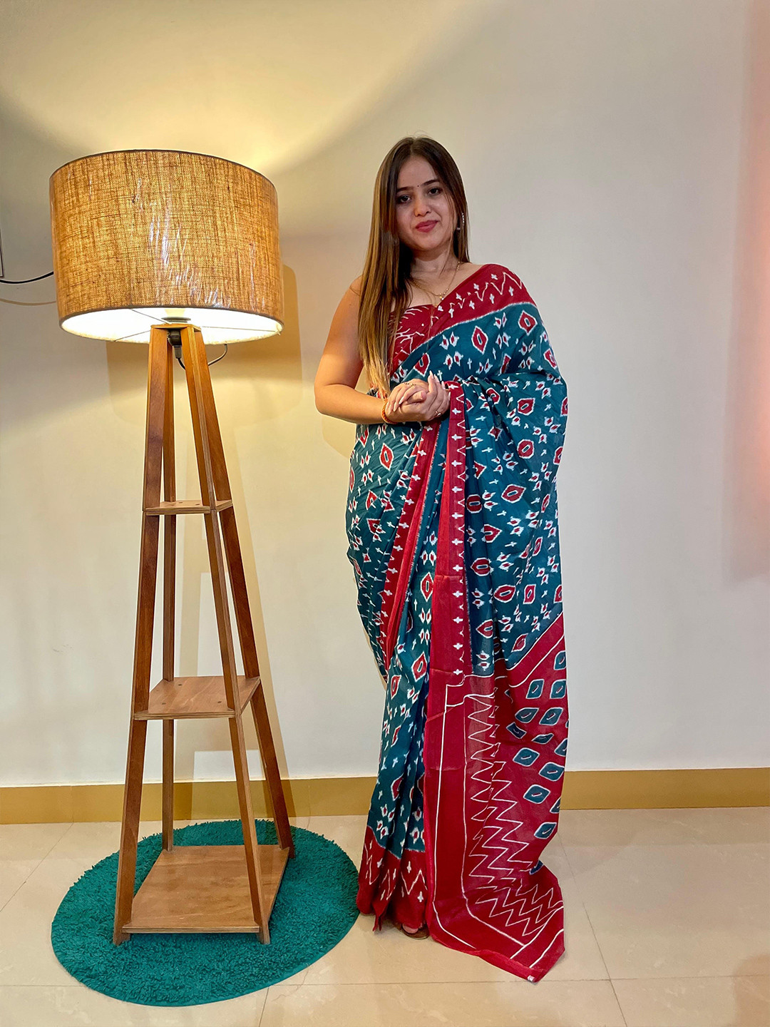 

HERE&NOW Ethnic Motifs Pure Cotton Bagru Saree, Blue
