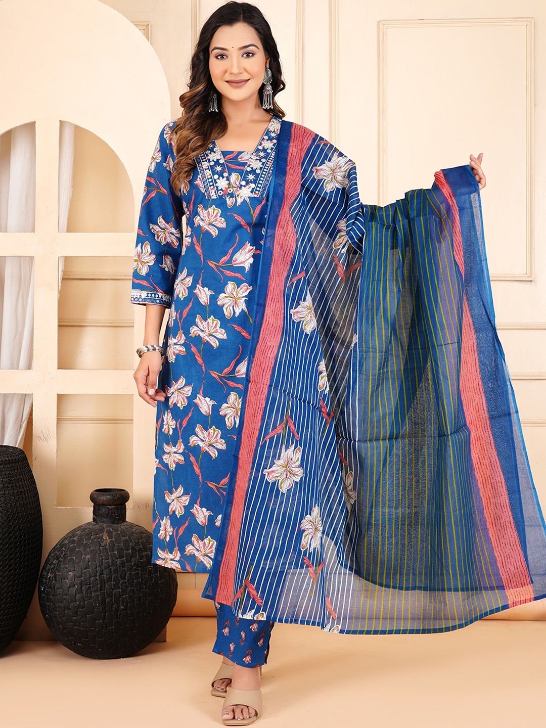 

KALINI Floral Printed Mirror Work Pure Cotton Kurta With Trousers & Dupatta, Blue