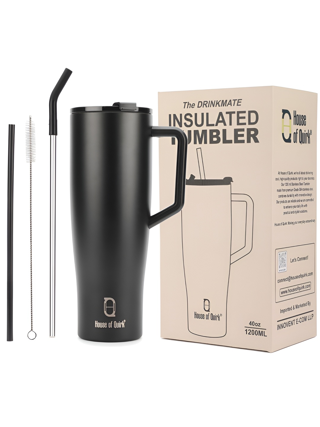 

HOUSE OF QUIRK Black Stainless Steel Printed Tumbler with Handle and 2 Straw Lid 1.2 L