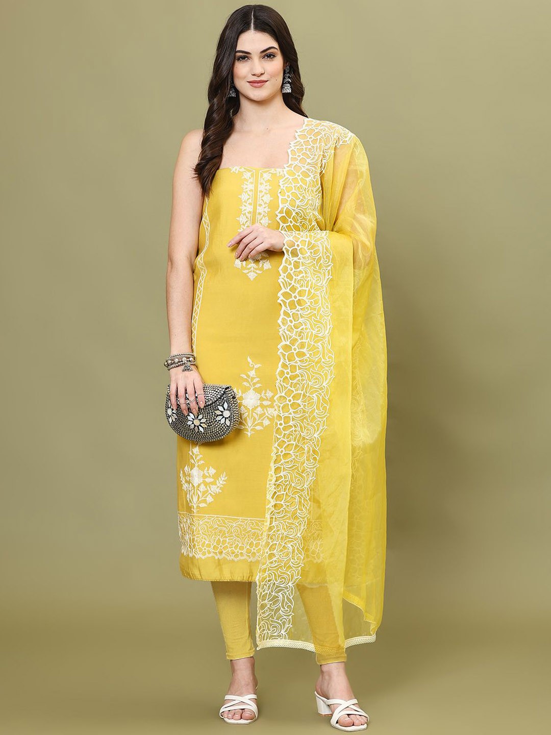 

Meena Bazaar Embroidered Art Silk Unstitched Dress Material, Yellow