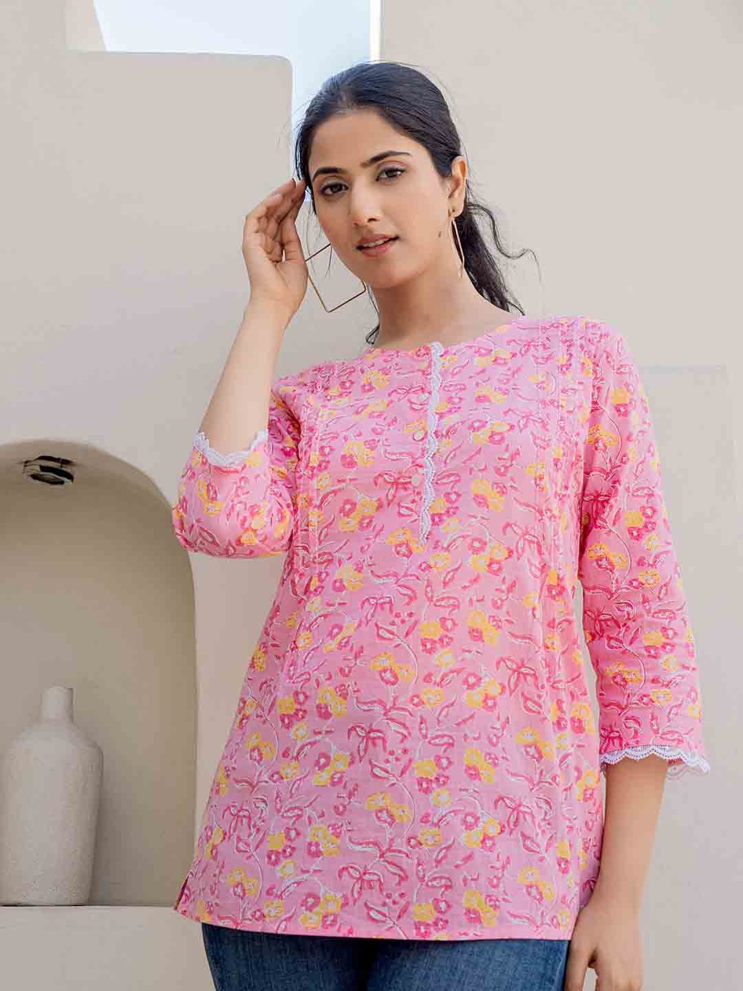 

DE CAMA Women Pure Cotton Floral Printed Pure Cotton Kurti, Pink