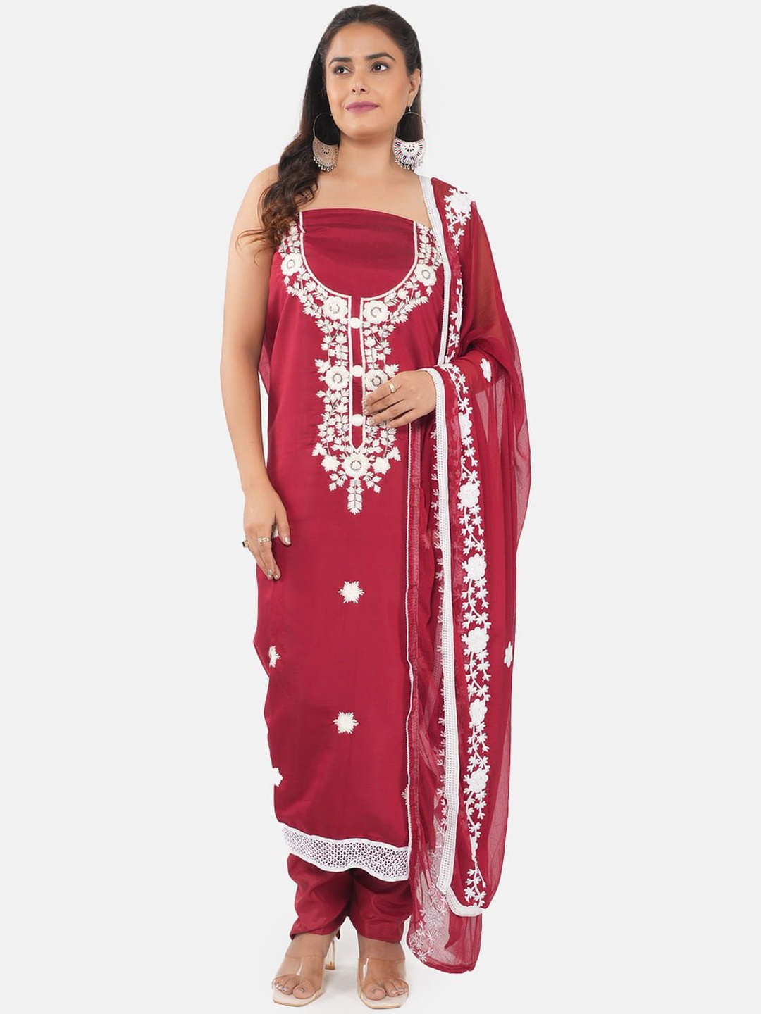 

MOZAFIA Floral Embroidered Unstitched Dress Material, Maroon