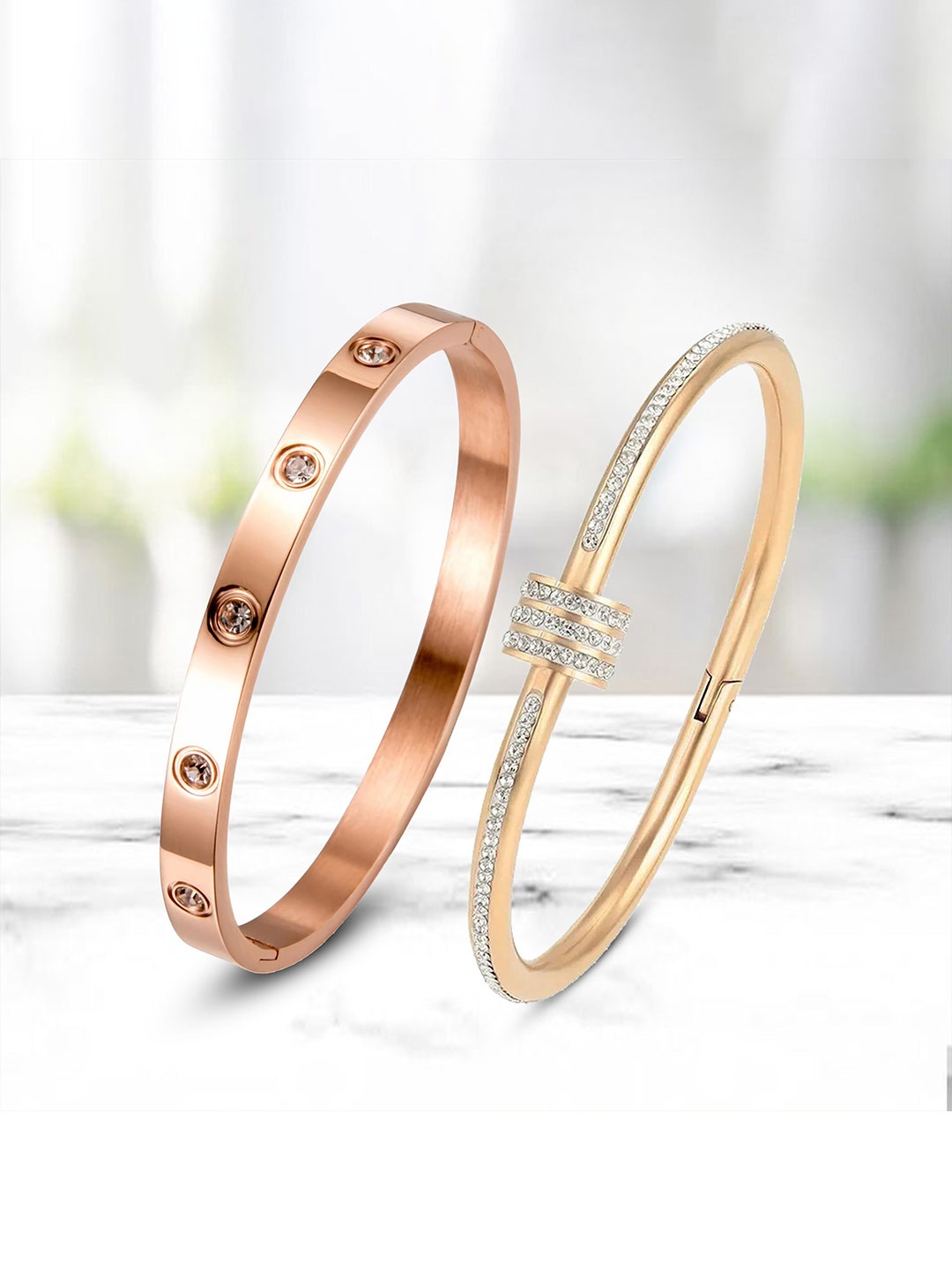 

DIVASTRI Set Of 2 Rose Gold-Plated Stainless Steel AD Anti Tarnish Evil Eye Kada Bracelets