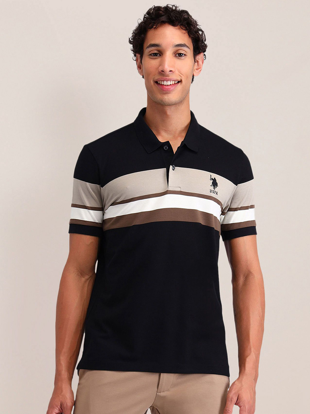 

U.S. Polo Assn. Men Striped Polo Collar Pockets Slim Fit T-shirt, Black