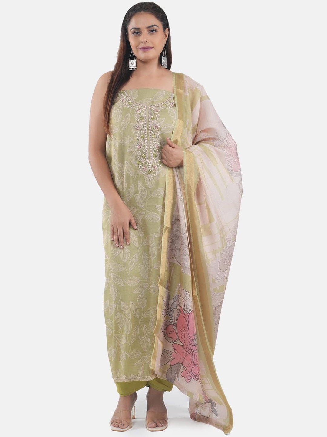 

MOZAFIA Floral Printed Sequinned Unstitched Dress Material, Green