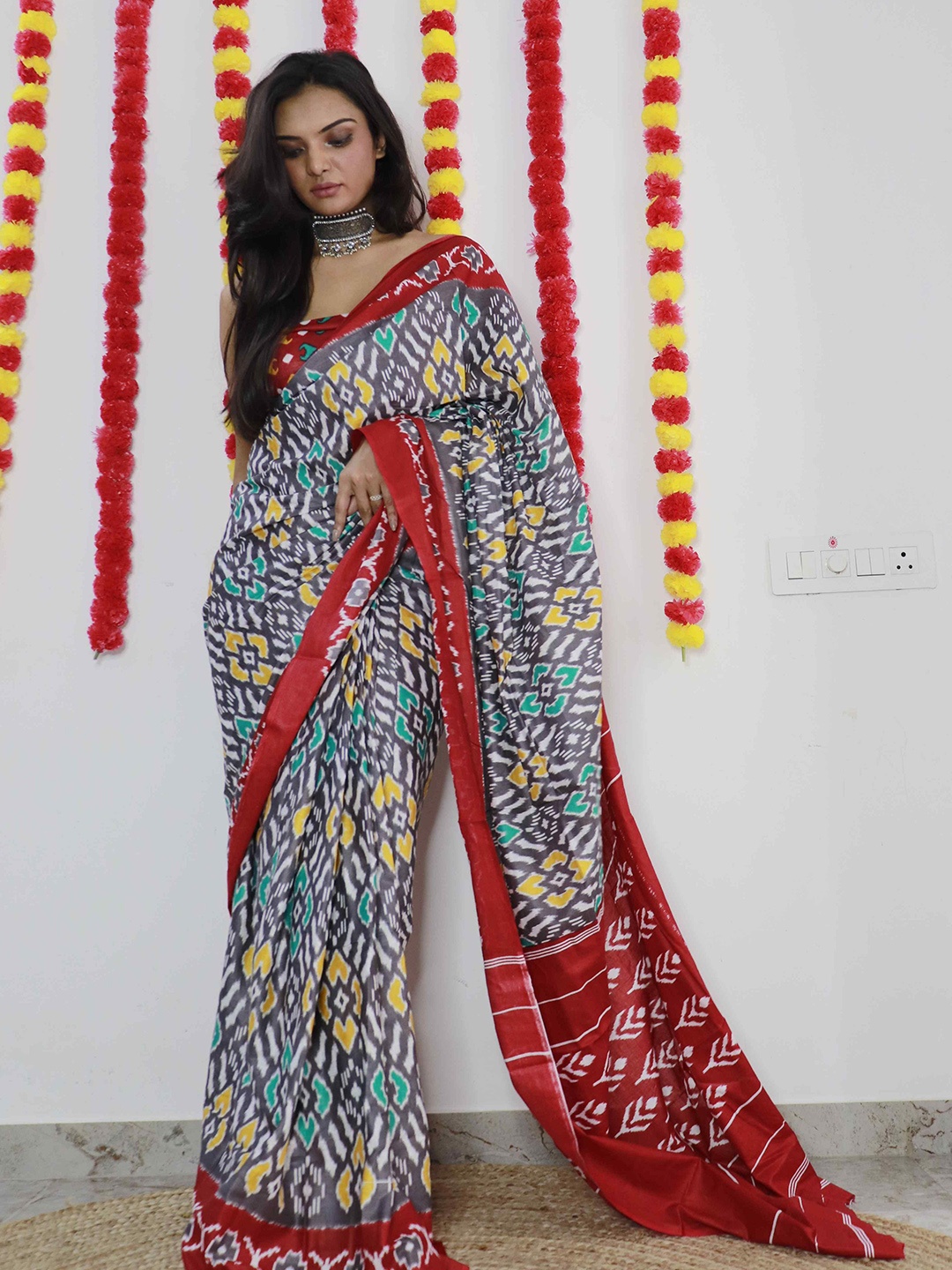 

HERE&NOW Pure Cotton Bagru Saree, Grey
