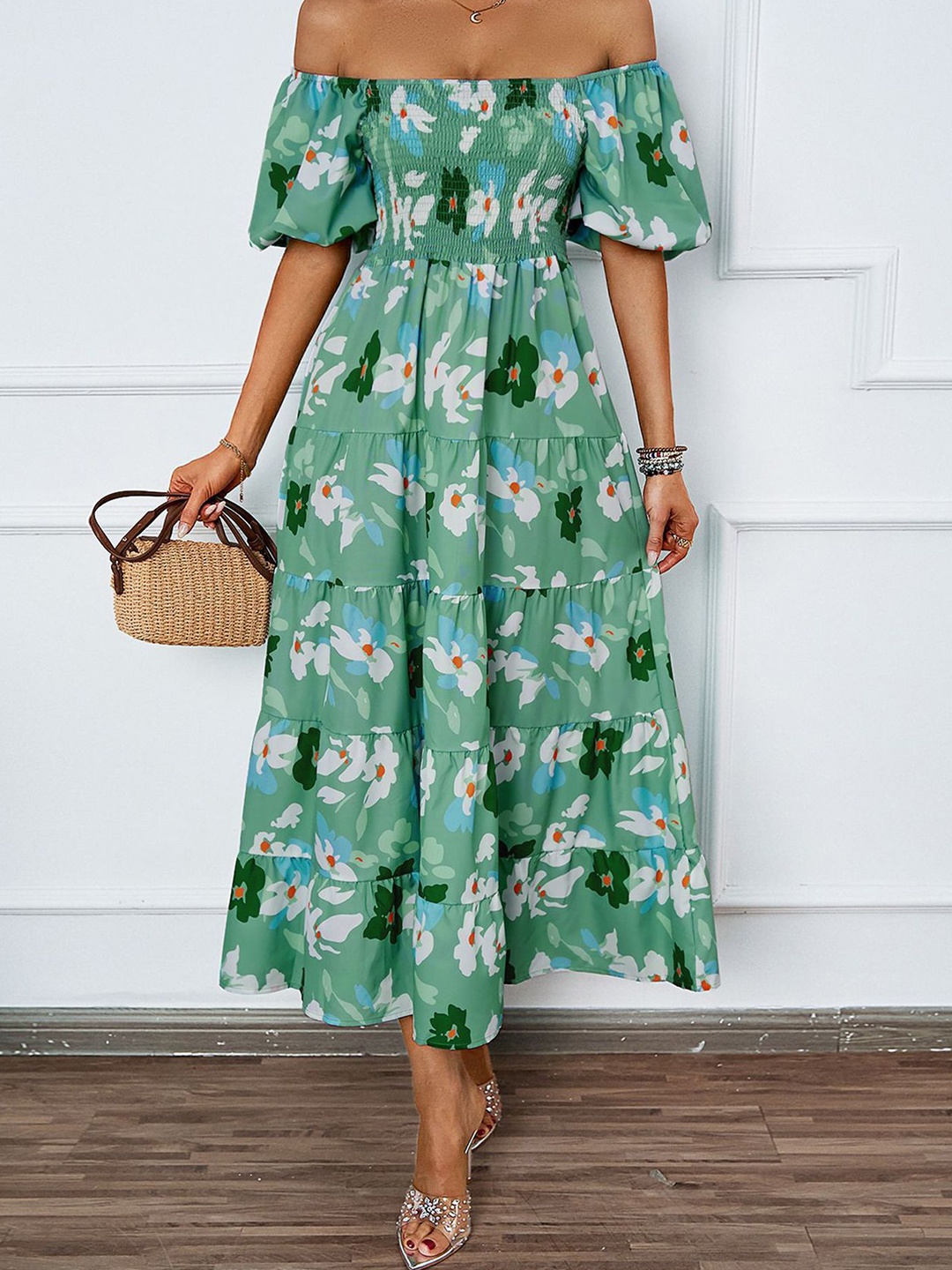 

LULU & SKY Floral Print Off-Shoulder Flutter Sleeve Maxi Midi Dress, Green