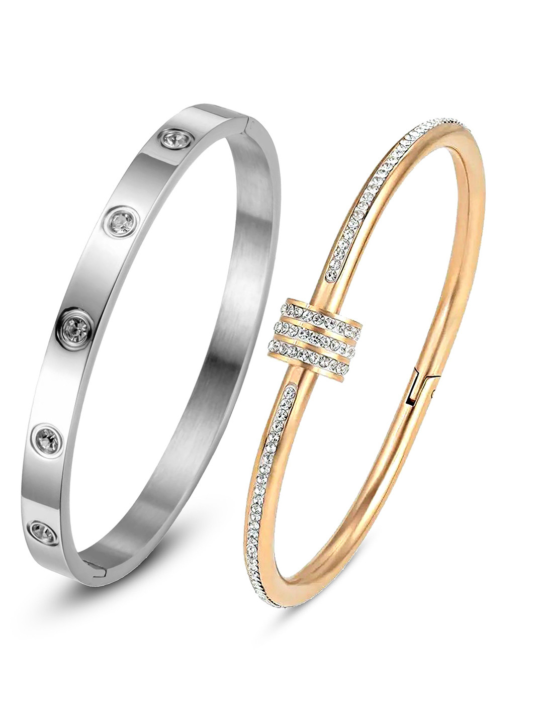 

DIVASTRI Set Of 2 Silver-Plated Stainless Steel American Diamond Cuff Bracelet