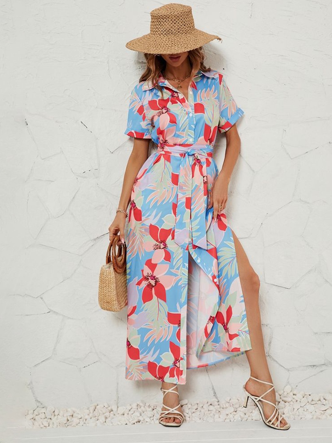 

LULU & SKY Floral Print Shirt Midi Dress, Blue