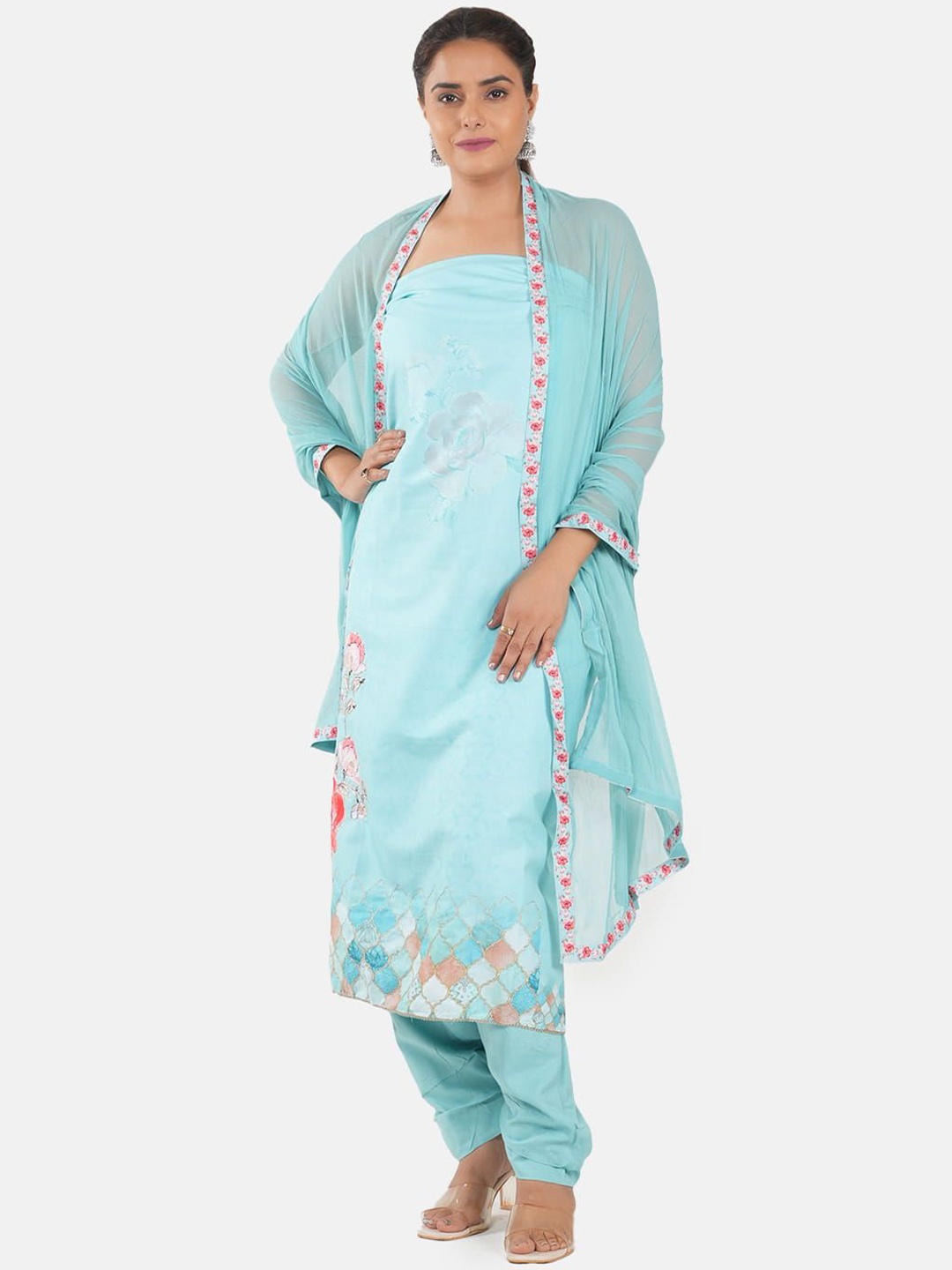 

MOZAFIA Premium Floral Embroidered Sequinned Unstitched Dress Material, Blue