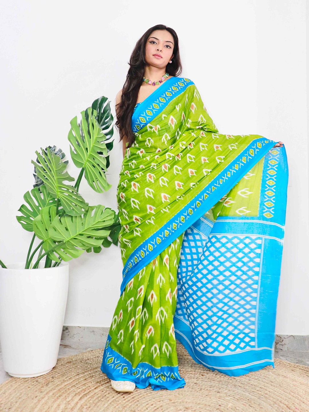 

HERE&NOW Pure Cotton Bagru Saree, Green