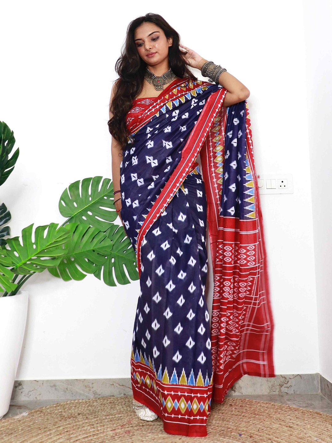 

HERE&NOW Ethnic Motifs Pure Cotton Bagru Saree, Navy blue