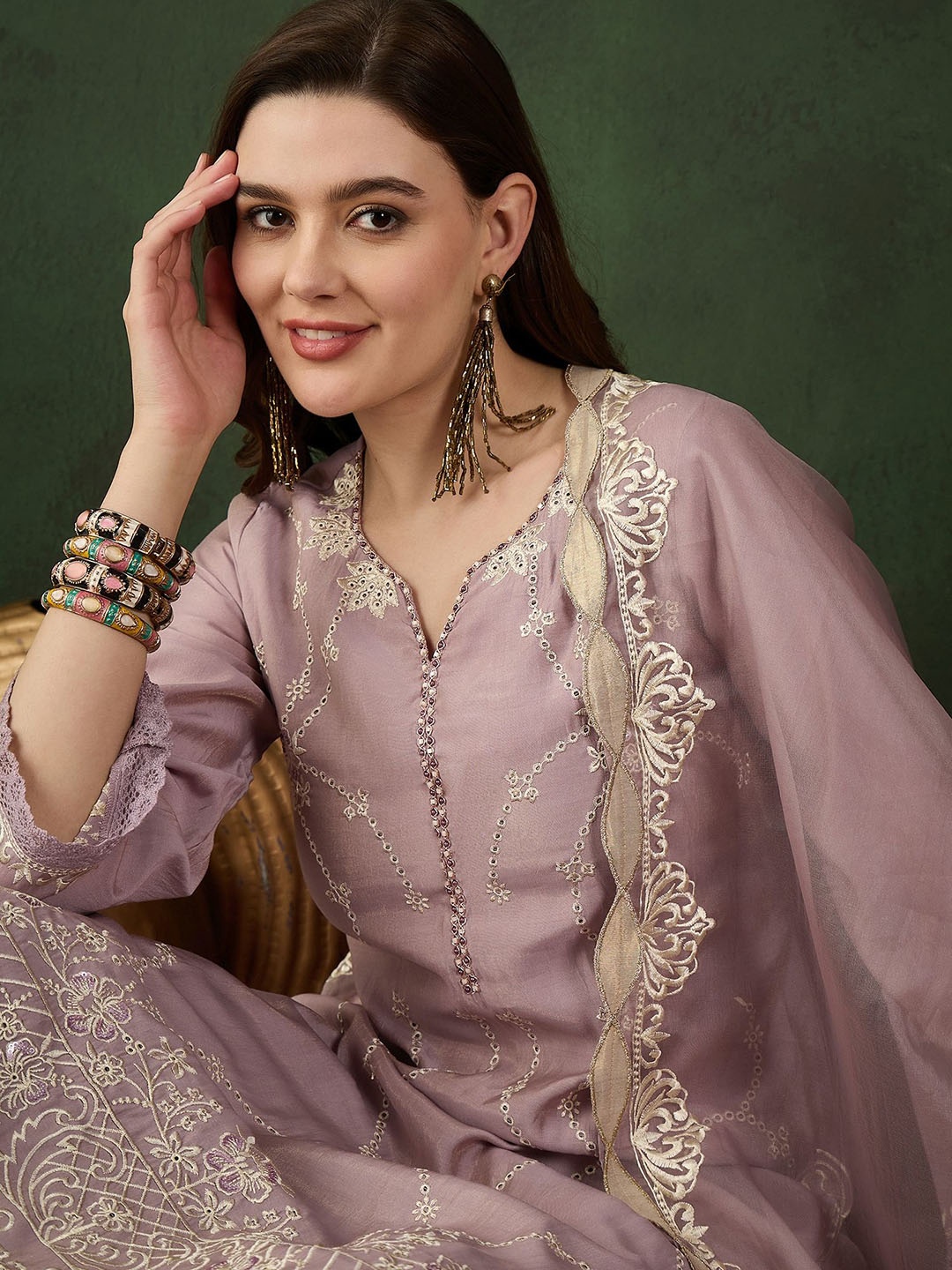 

Sangria Embroidered Kurta & Trouser With Dupatta, Beige