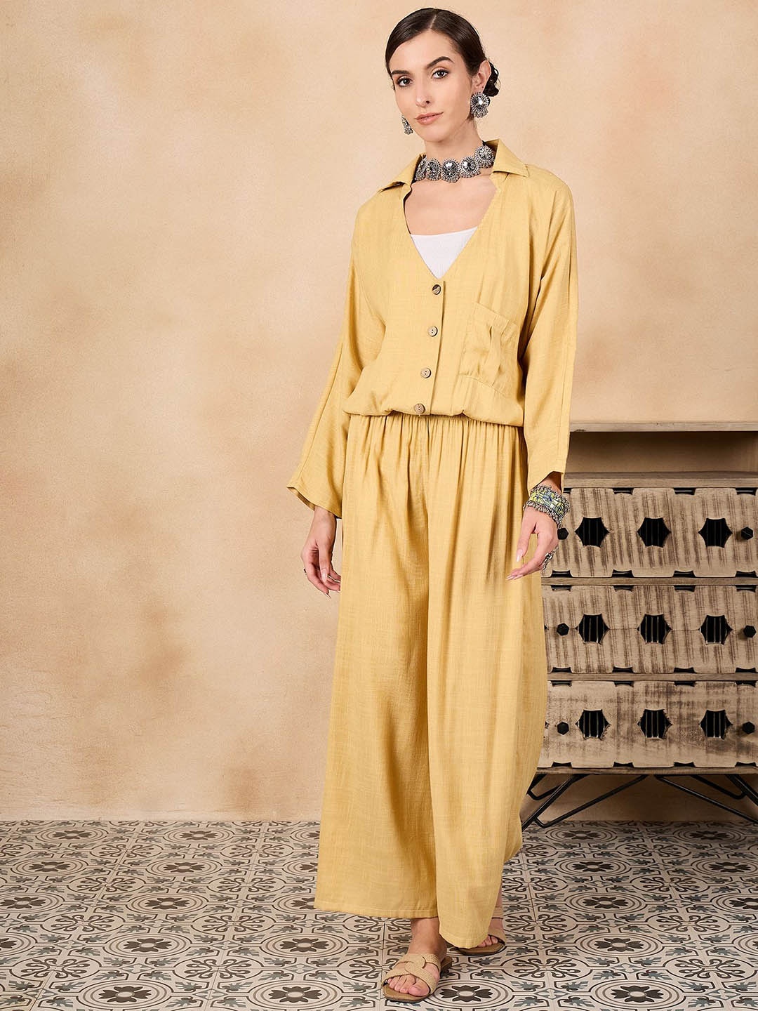 

InWeave Shirt Collar Neck Top With Palazzos Co-Ords, Yellow