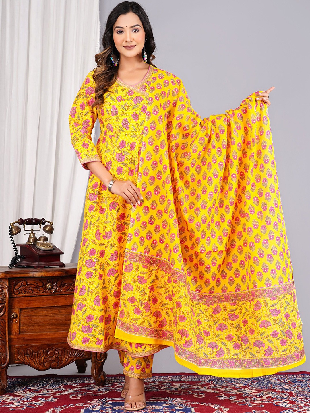 

KALINI Floral Printed Angrakha Pure Cotton Kurta with Trousers & Dupatta, Yellow
