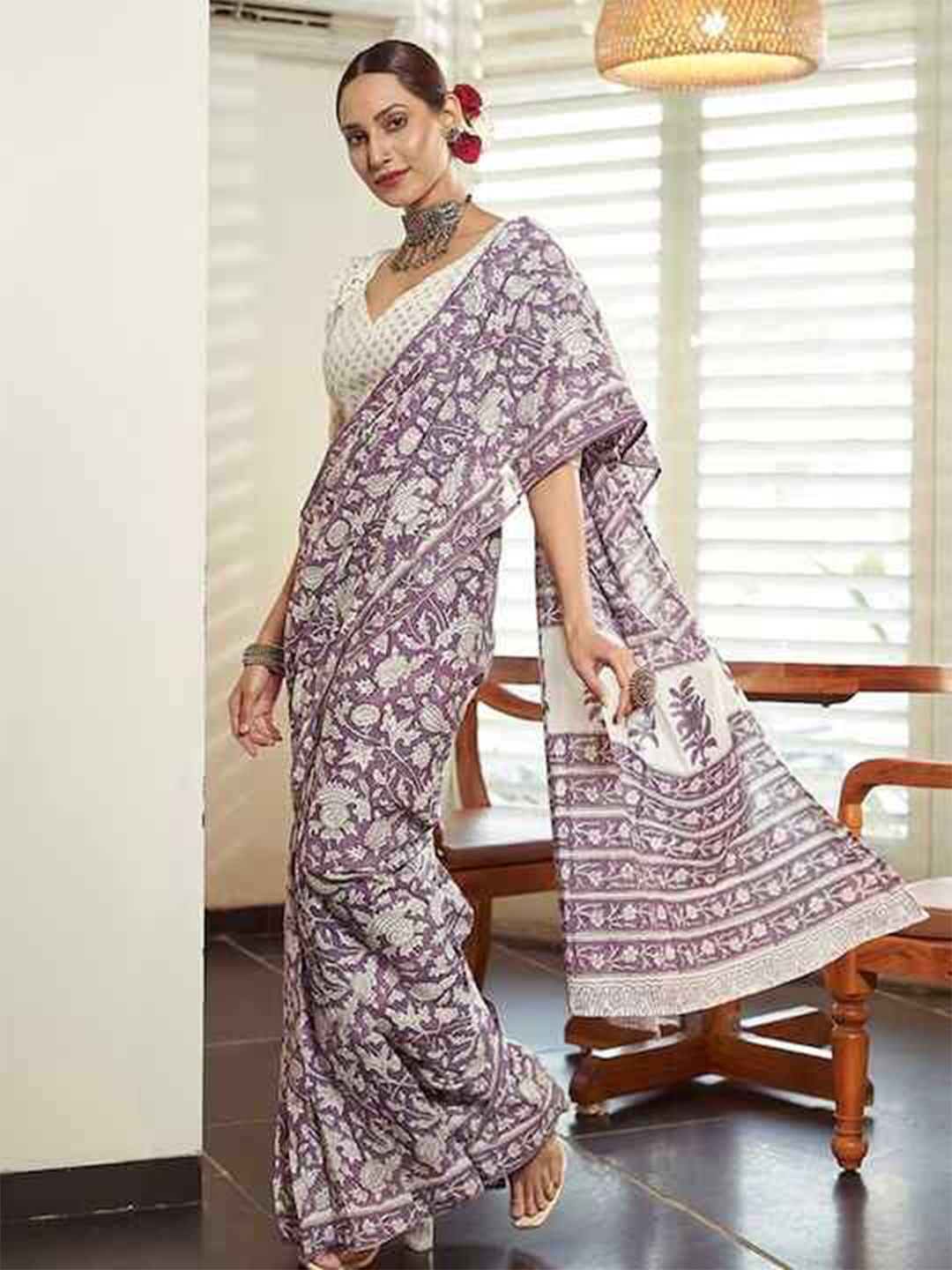 

HERE&NOW Pure Cotton Bagru Saree, Beige