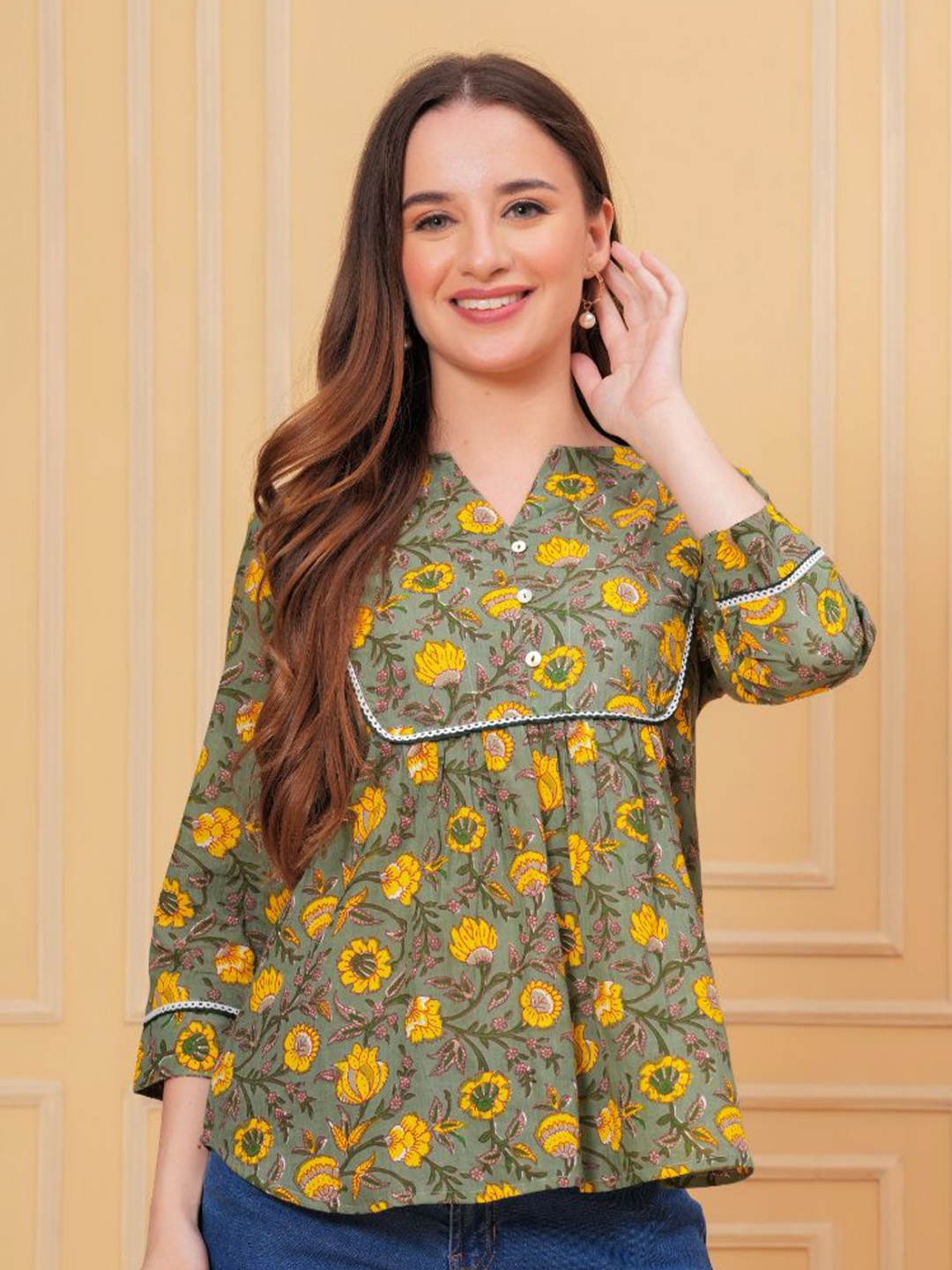 

KALINI Floral Printed Cotton Empire Top, Green