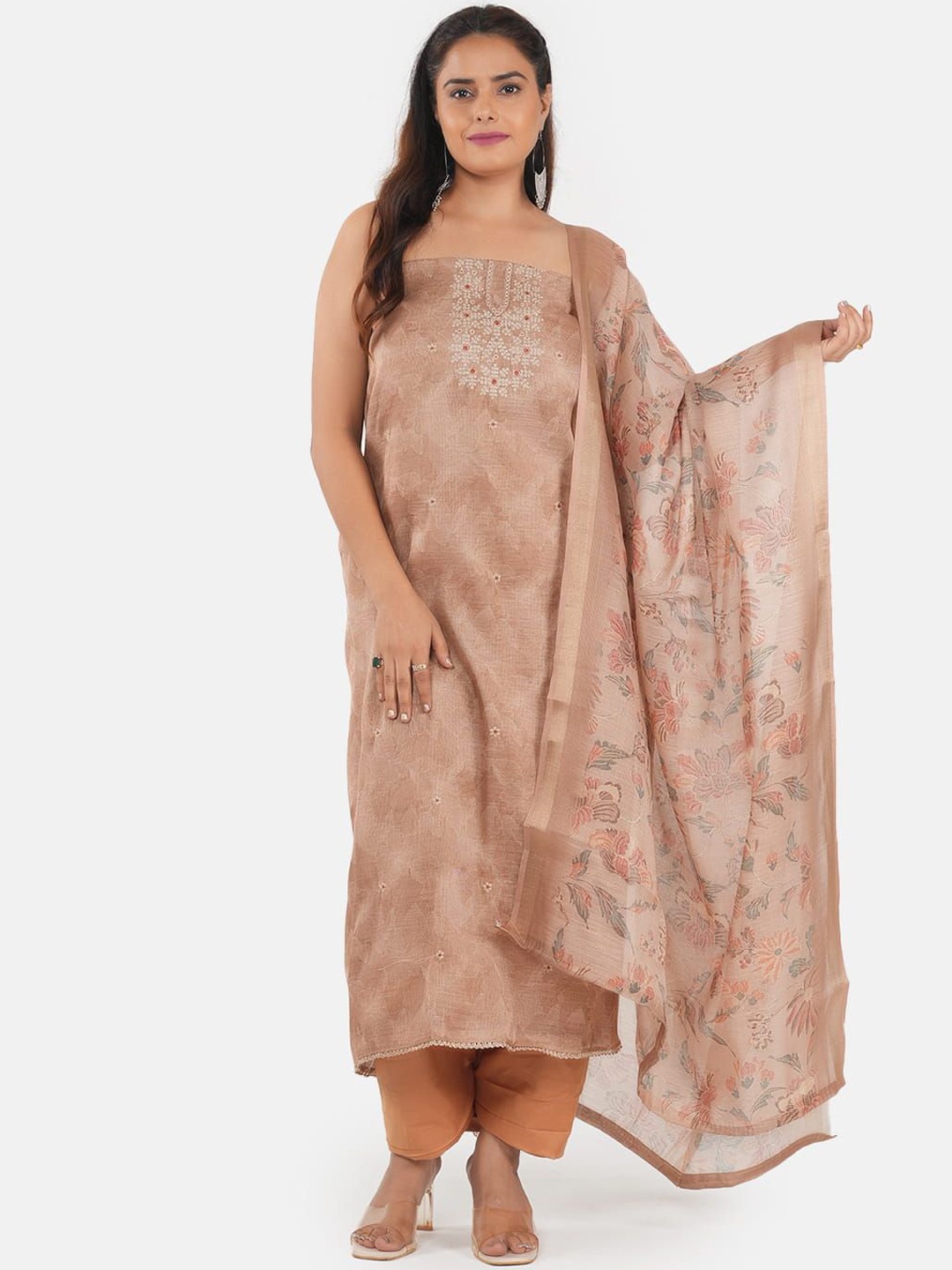 

MOZAFIA Floral Embroidered Zari Unstitched Dress Material, Beige