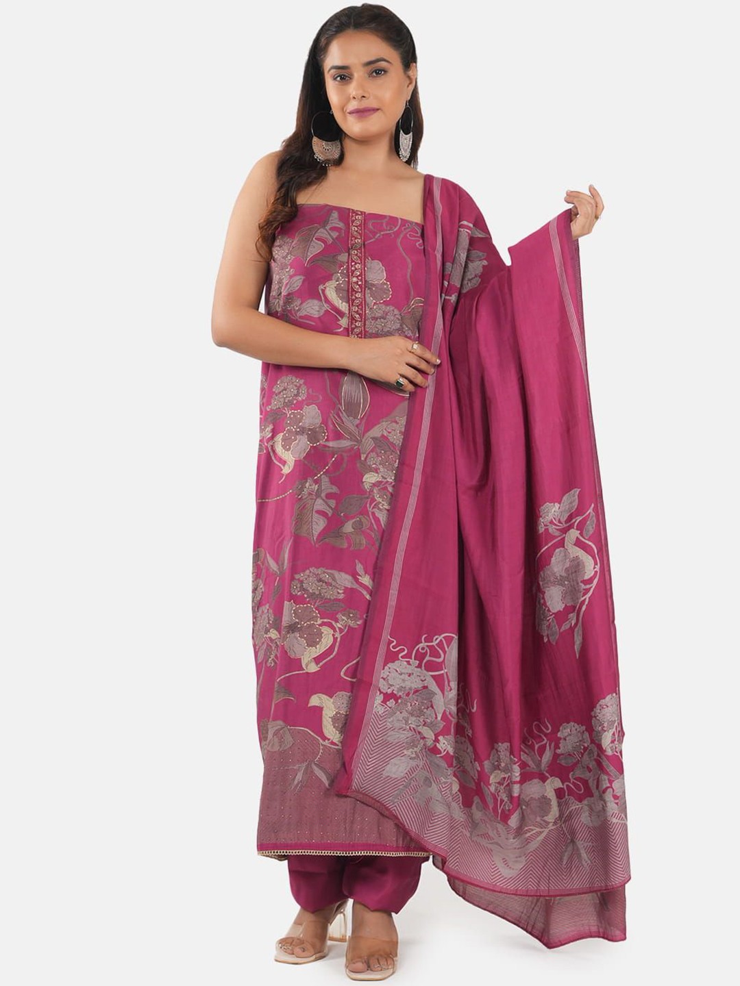 

MOZAFIA Floral Printed Zari Work Pure Silk Unstitched Dress Material, Pink