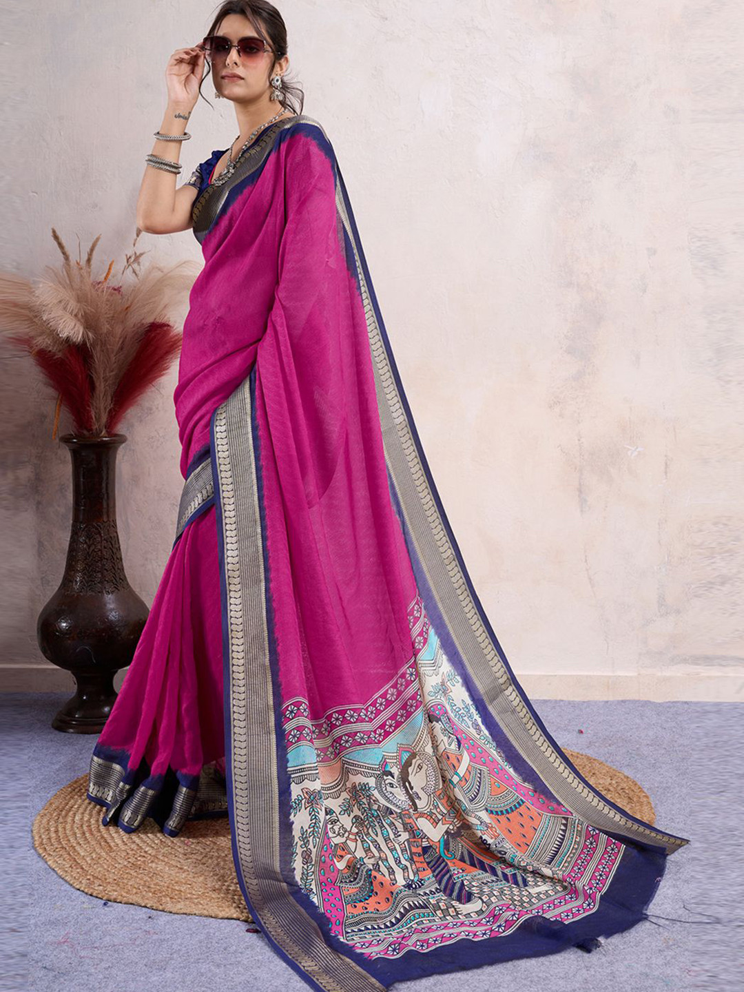 

Panzora Ethnic Motifs Zari Silk Blend Saree, Pink