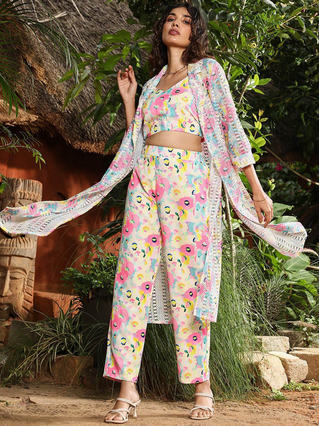 

QISSA Floral Printed Crop Top & Trouser With Shrug Co-Ords, Pink