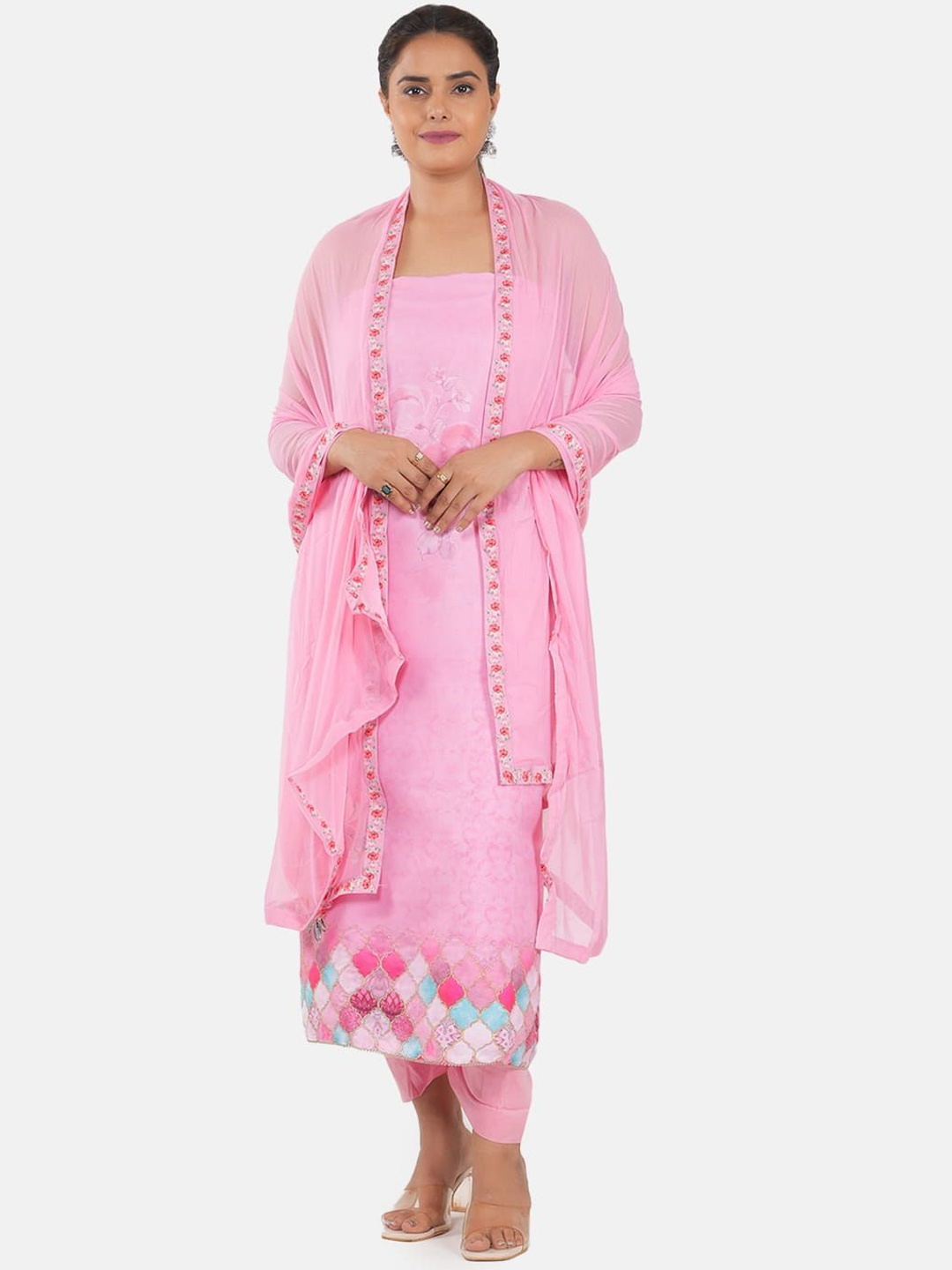 

MOZAFIA Floral Embroidered Gotta Patti Tussar Silk Unstitched Dress Material, Pink